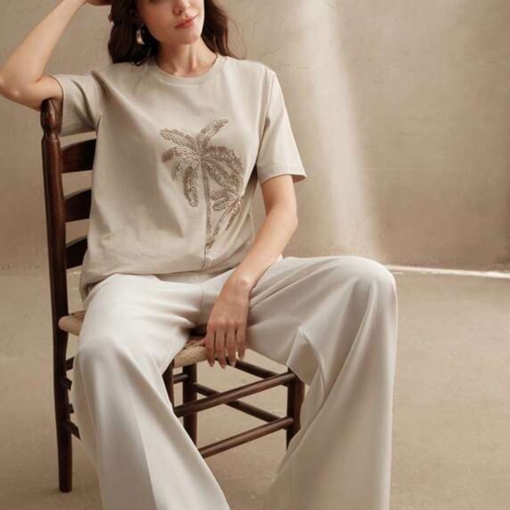 Beige Palm tree Embellished Women's Top - Picture 4 of 6